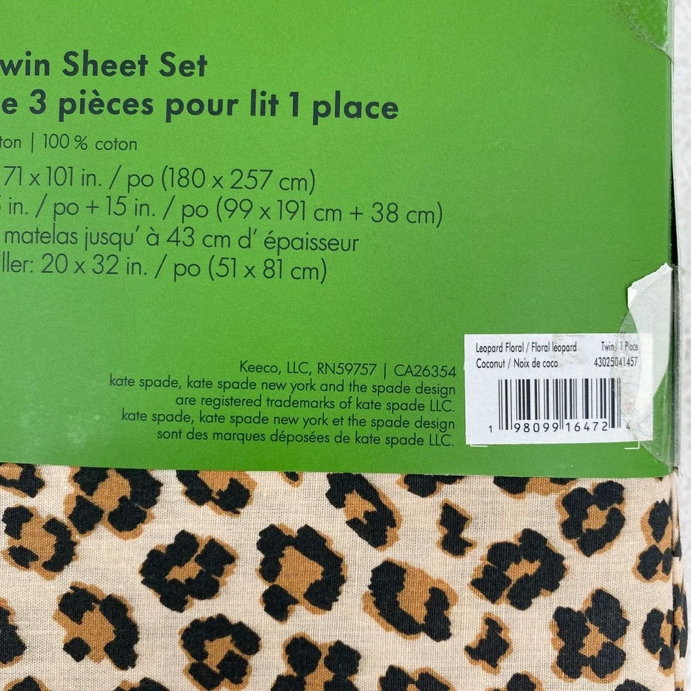 Kate Spade Sheet Set Twin Leopard Floral 100% Cotton Animal Print Cheetah